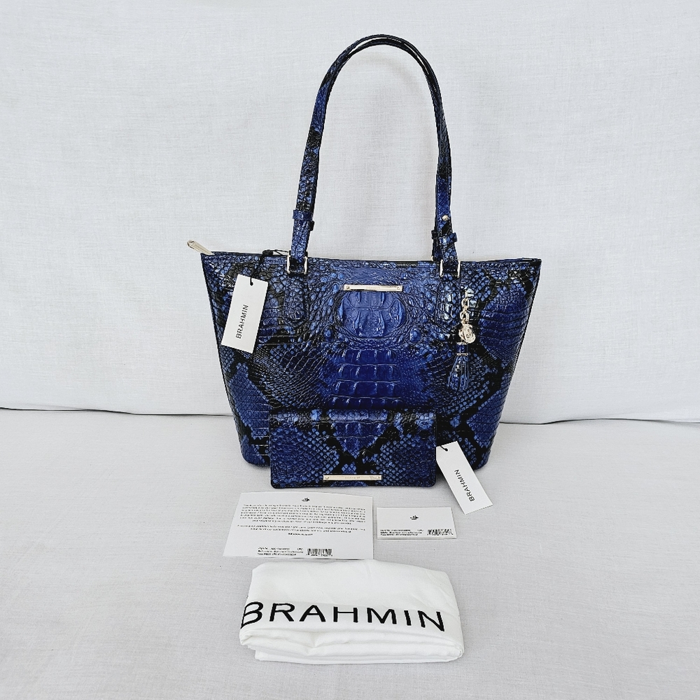 NWT Brahmin Blue Viper Ombre Medium Asher w/ Adelle Wallet
